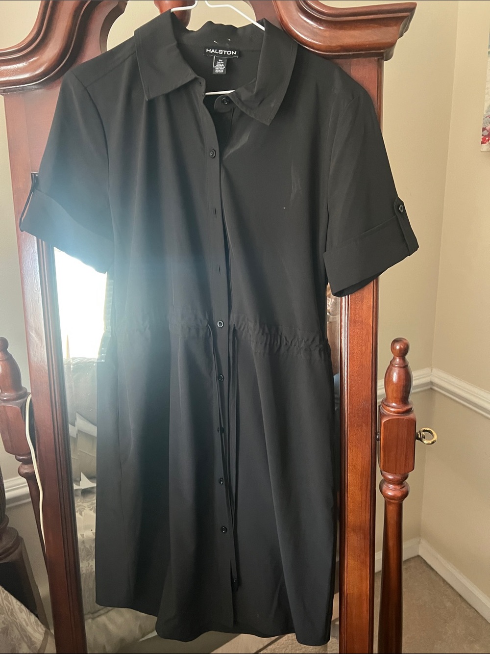 Halston Heritage Black Short-Sleeve Button-Front Shirt Dress